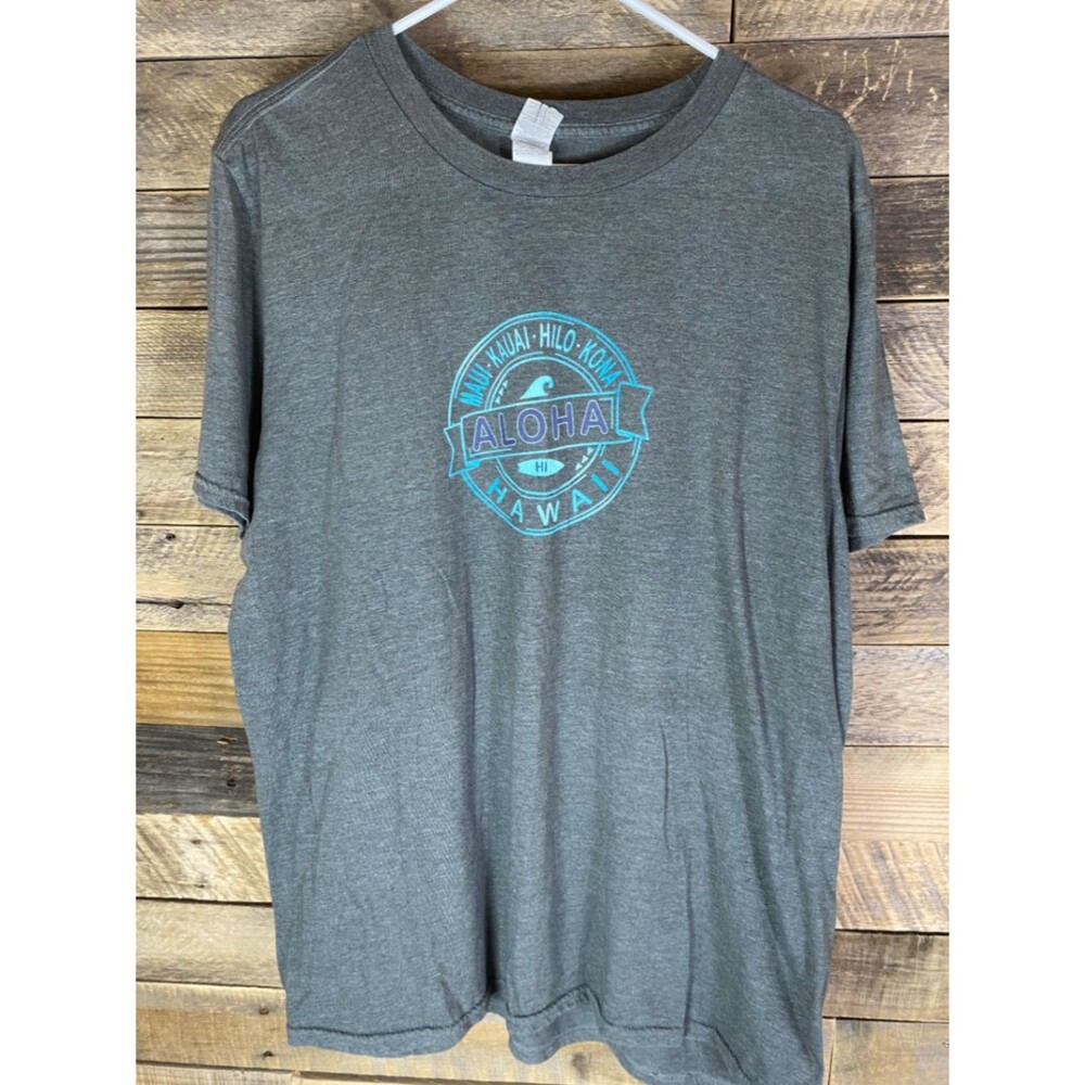GILDAN Men’s Gray Large T-Shirt Aloha Hawaii Graphic Cotton Blend